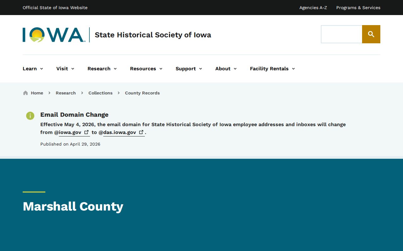 State Historical Society page listing Marshall County archival record series
