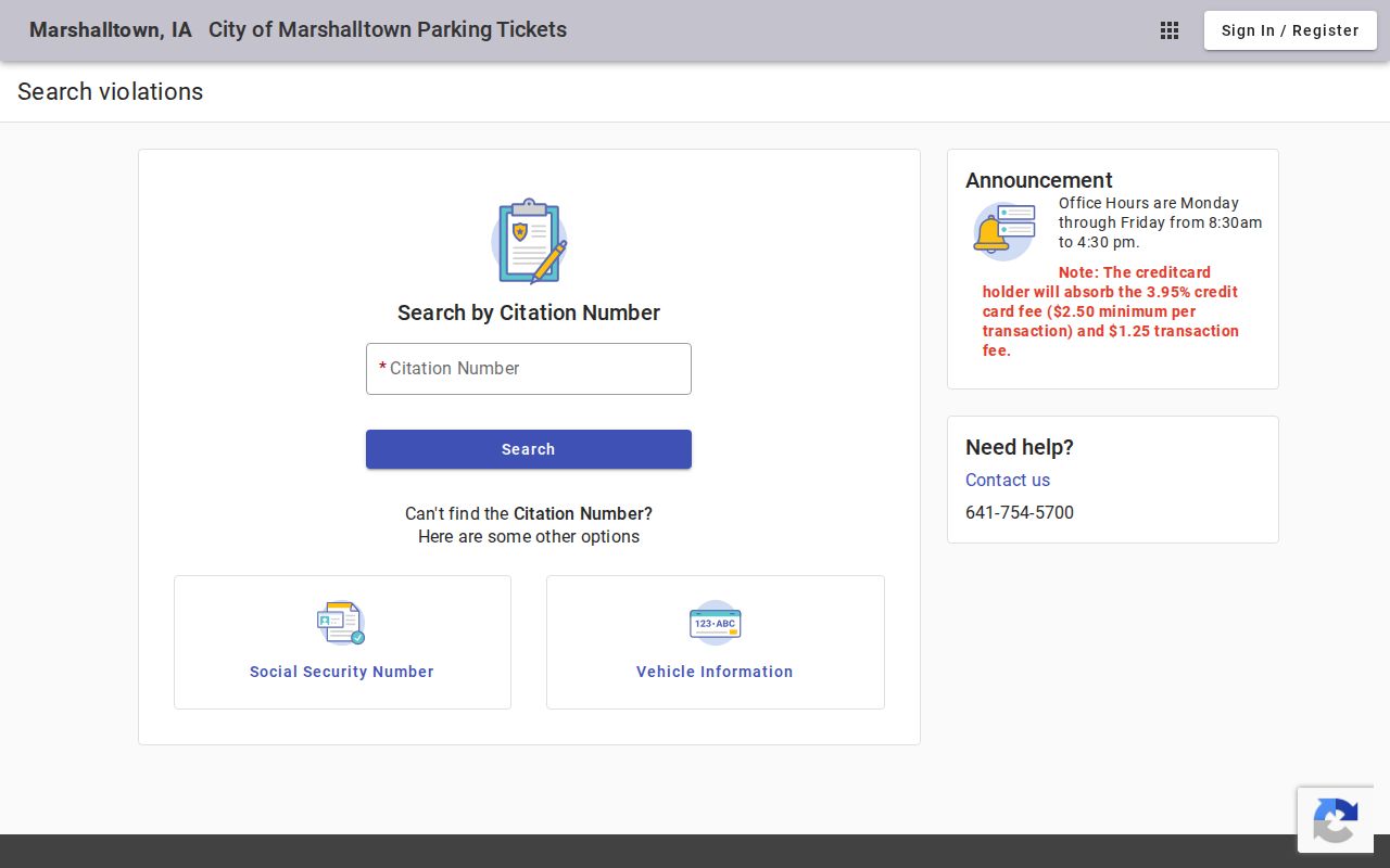 Marshalltown parking citation search illustrating a separate city record system