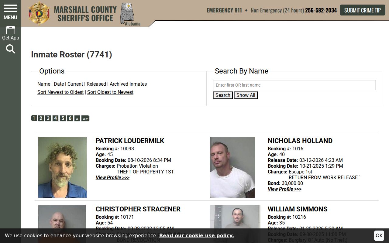 Marshall County official inmate roster search and archive controls