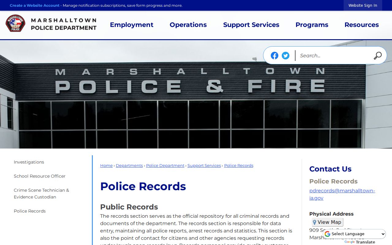 Marshalltown Police Records access page for official local requests