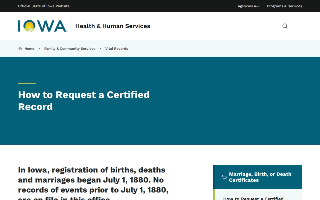 Iowa certified vital record request options for Marshalltown events