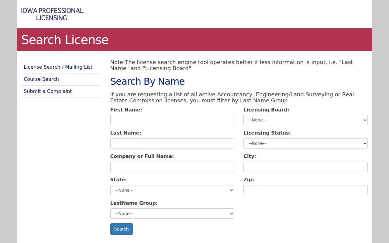 Iowa professional license search with city state and ZIP fields