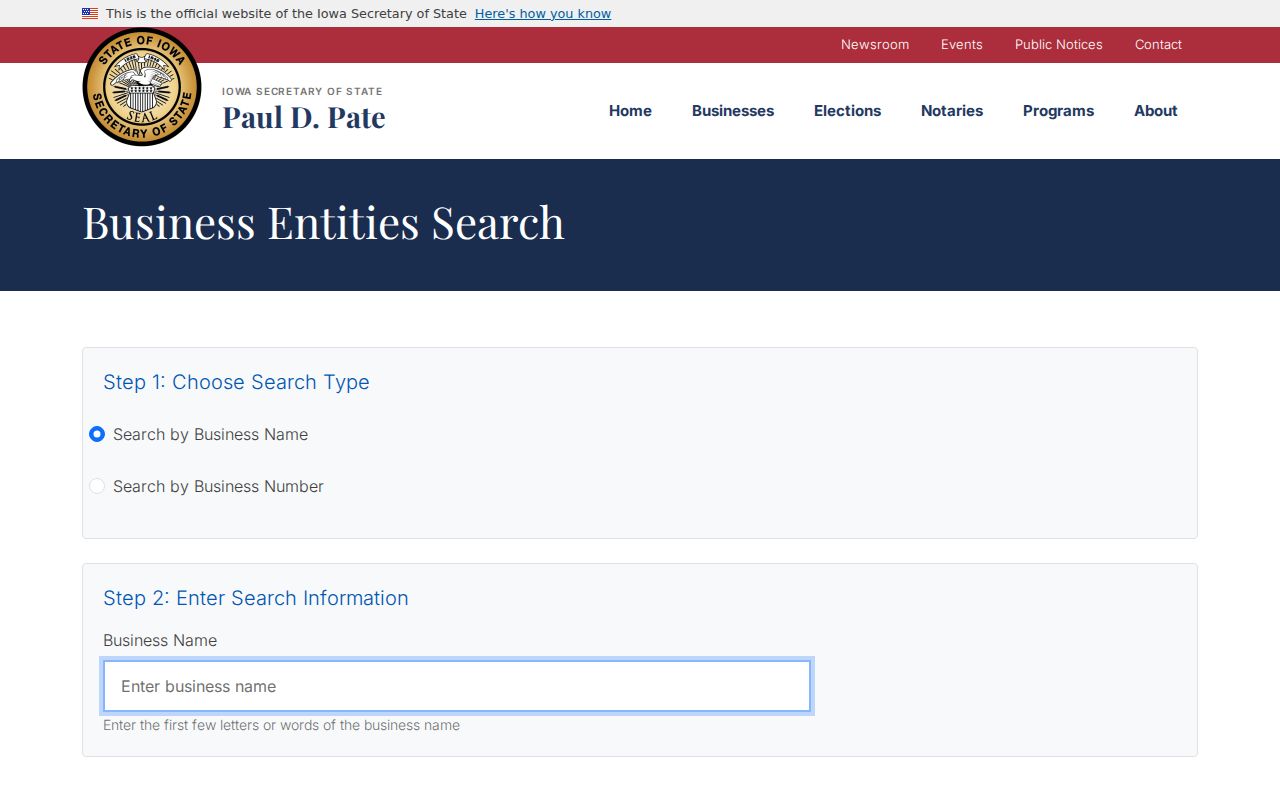 Iowa Secretary of State business entity location search